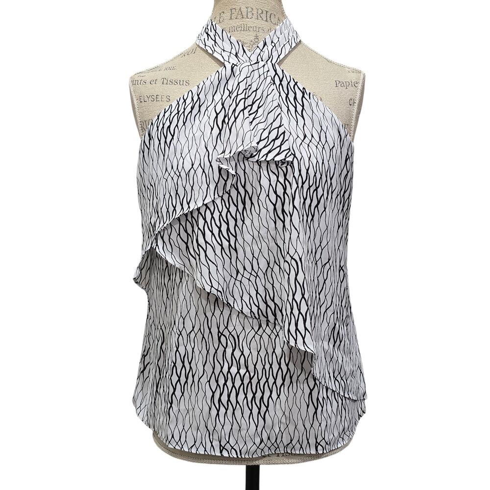 Worthington White & Black Marine Geometric Halter Neck Blouse Draped Ruffle